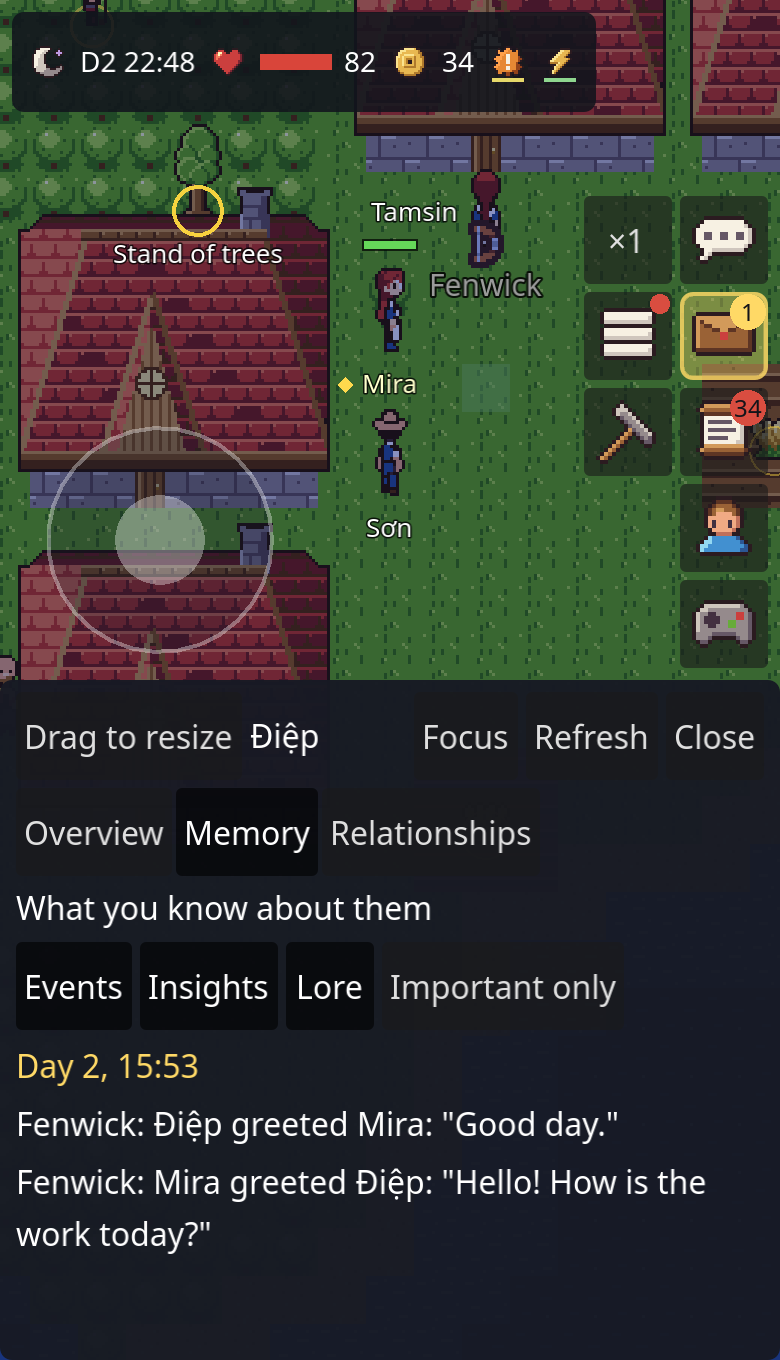 A villager's character sheet on the Memory tab, listing what that villager has heard and said (the game keeps these memories in English).
