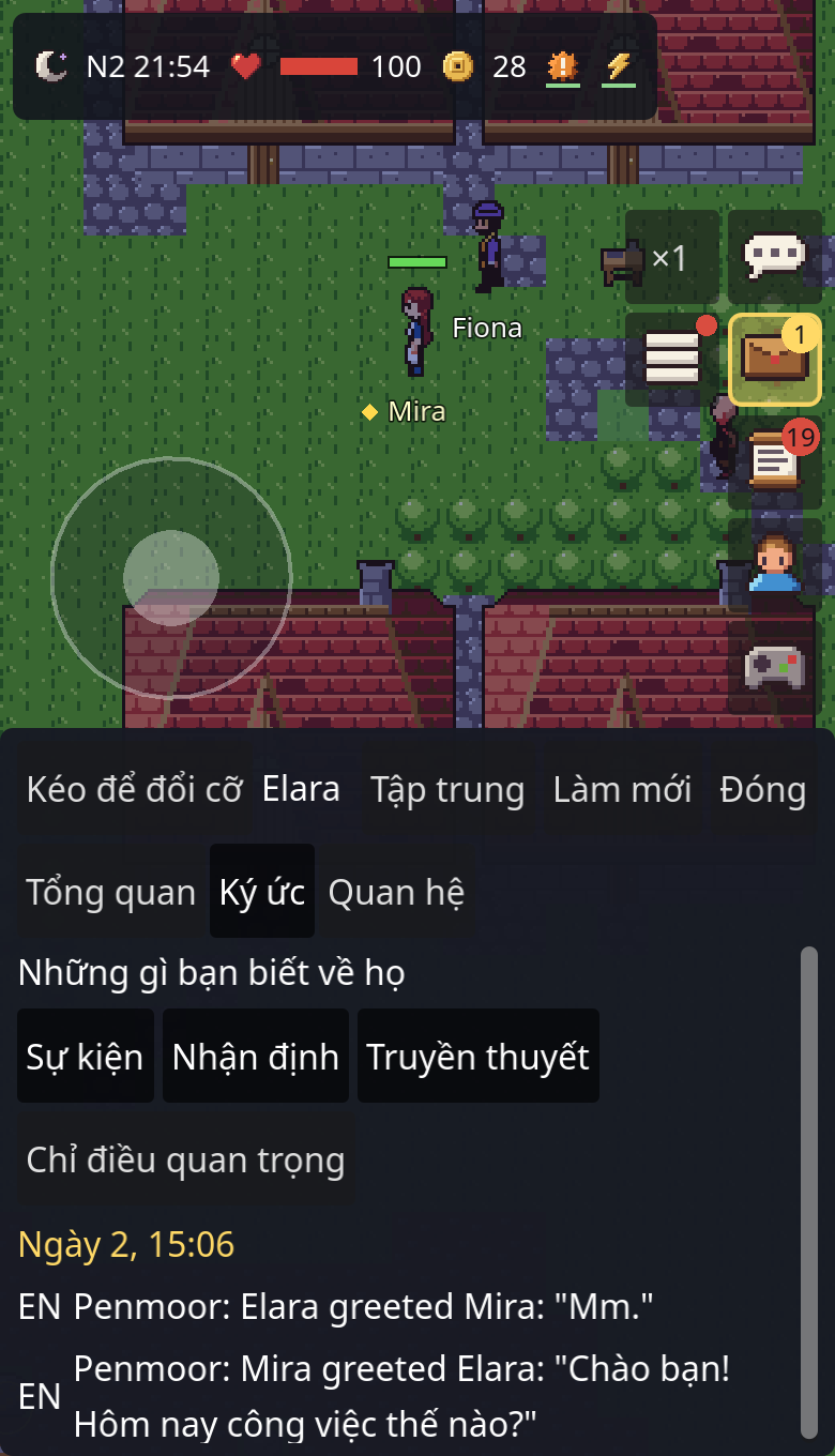 Bảng nhân vật của một dân làng ở thẻ Ký ức, liệt kê những gì người đó đã nghe và đã nói (trò chơi ghi các ký ức này bằng tiếng Anh).