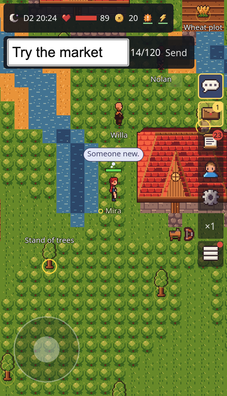 The whisper box with a suggestion typed in (“Try the market”), above villagers in the village.