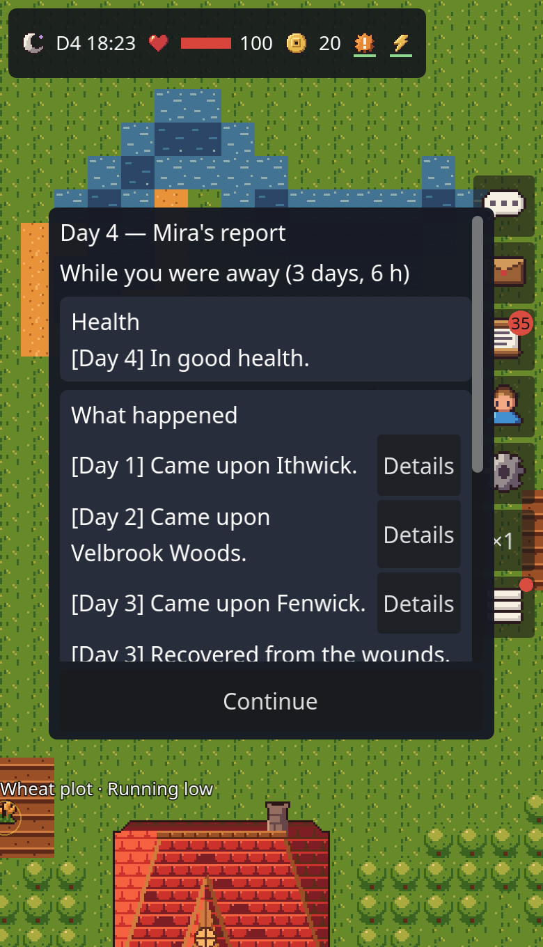 The report that opens when you come back, titled “Day 4 — Mira's report”: “While you were away (3 days, 6 h)”, with your character's health and the places they came upon.