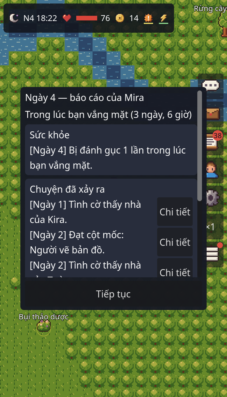 Bản tin hiện ra khi bạn quay lại, đề “Ngày 4 — báo cáo của Mira”: “Trong lúc bạn vắng mặt (3 ngày, 6 giờ)”, với sức khỏe của nhân vật và những nơi, những cột mốc họ đã đi qua.