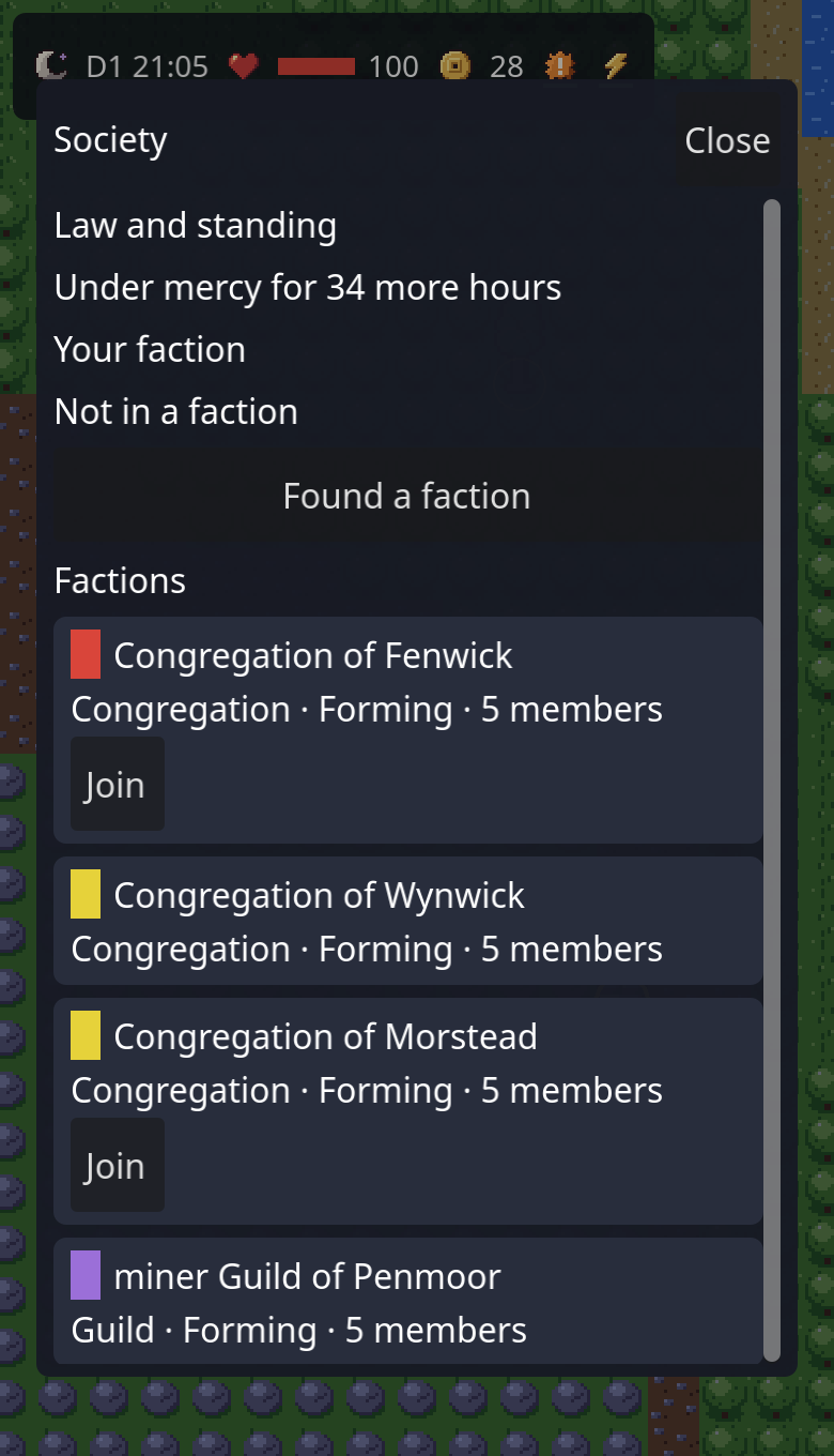 The Society screen: your standing under the law (a new character is still under mercy), and the village's factions with their members and territory.
