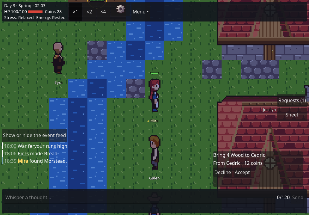 A village in Agent World up close: your character stands among red-roofed houses and villagers, with the game's interface around them: status bar, event feed and whisper box.